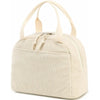 A beige corduroy lunch bag with light cream fabric and tan drawstring handles.