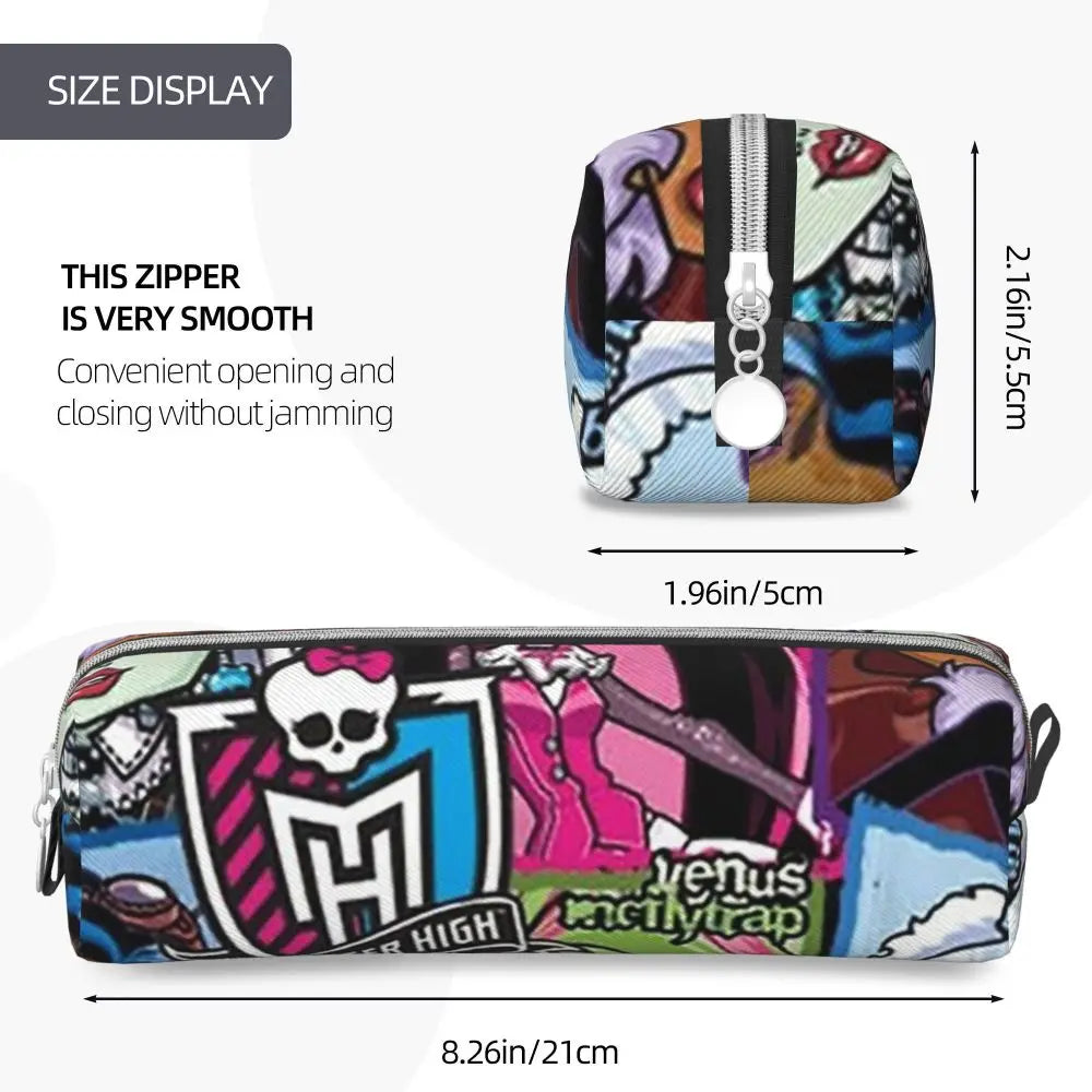 A purple and black zippered pencil case featuring a skull design and various colorful patterns.