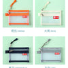 Four variations of a compact double-layer zipper pouch in orange, beige, Tibetan blue, and grey.