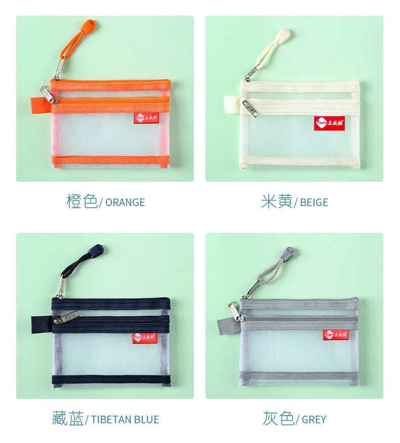 Four variations of a compact double-layer zipper pouch in orange, beige, Tibetan blue, and grey.
