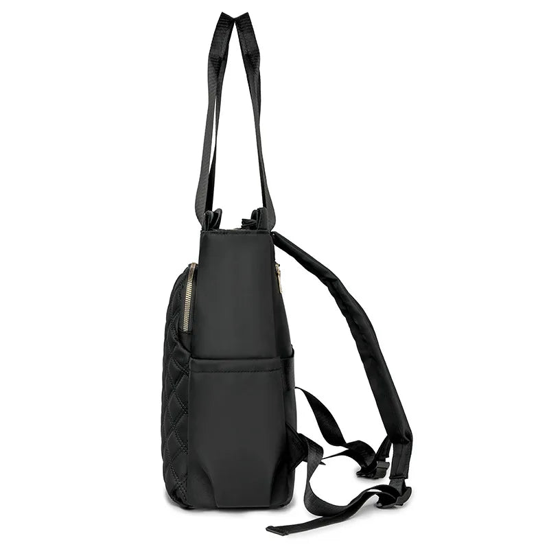 A black quilted women's backpack tote with adjustable straps.