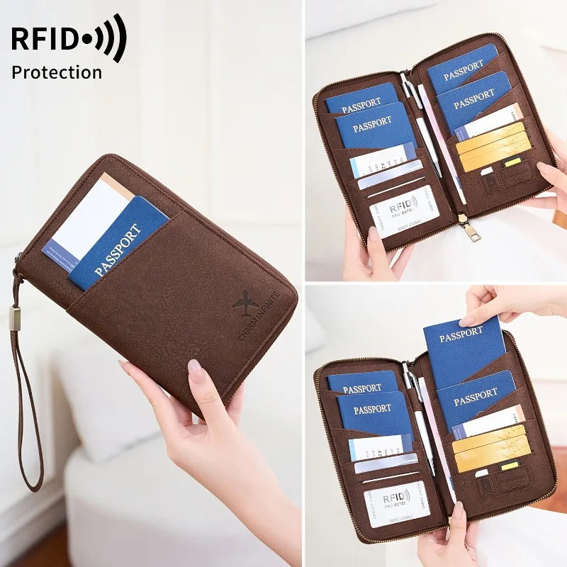 A brown passport wallet with a wrist strap is shown open, displaying several passports and cards for protection.