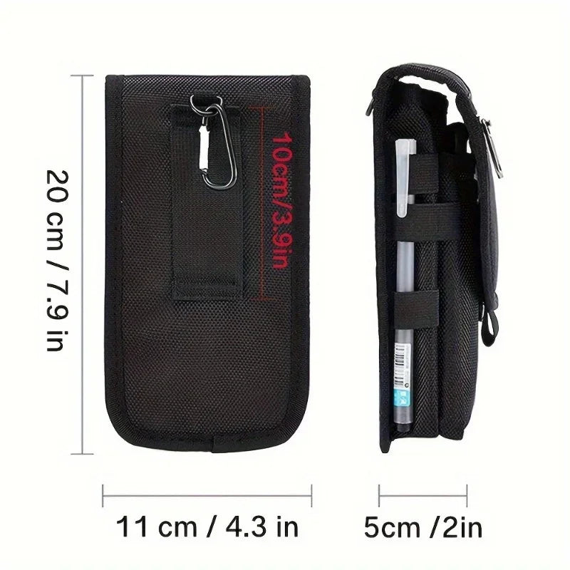 Black multi-functional phone pouch belt bag with a strap and internal compartments.