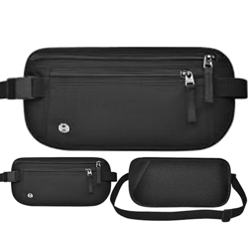 Bolsa de dinero antirrobo delgada negra con protección RFID y correa ajustable.