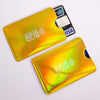 A yellow RFID protection card sleeve is shown next to a black credit card, highlighting anti-scan features.