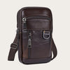 A dark brown vintage cowhide leather crossbody bag with zippered compartments and adjustable strap.