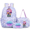 A purple and white K-Pop Demon Hunters backpack set featuring stars and colorful designs.