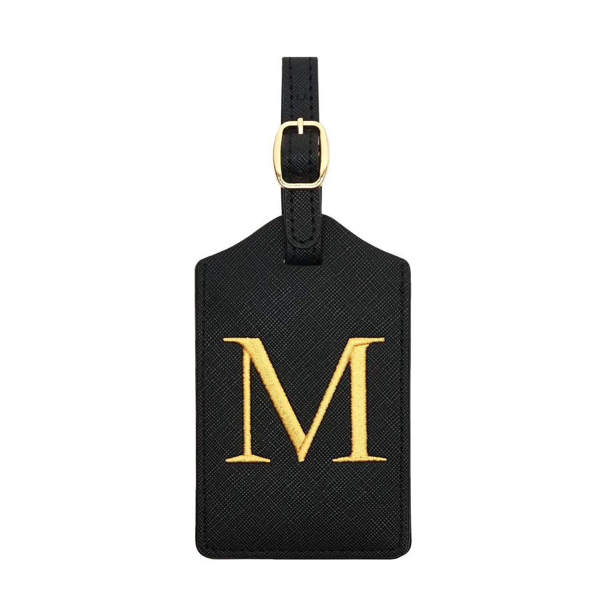 Black PU leather luggage tag with a gold initial M and a brass loop.