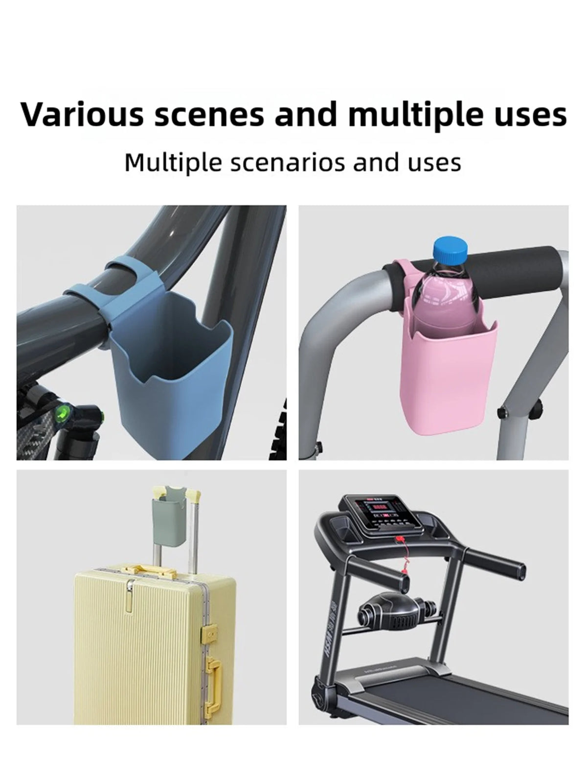 Various scenes and multiple uses of a foldable silicone cup holder for bikes, strollers, and carts.