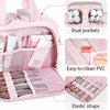 Bolsa impermeable de tocador rosa con múltiples bolsillos, PVC fácil de limpiar y correas elásticas.