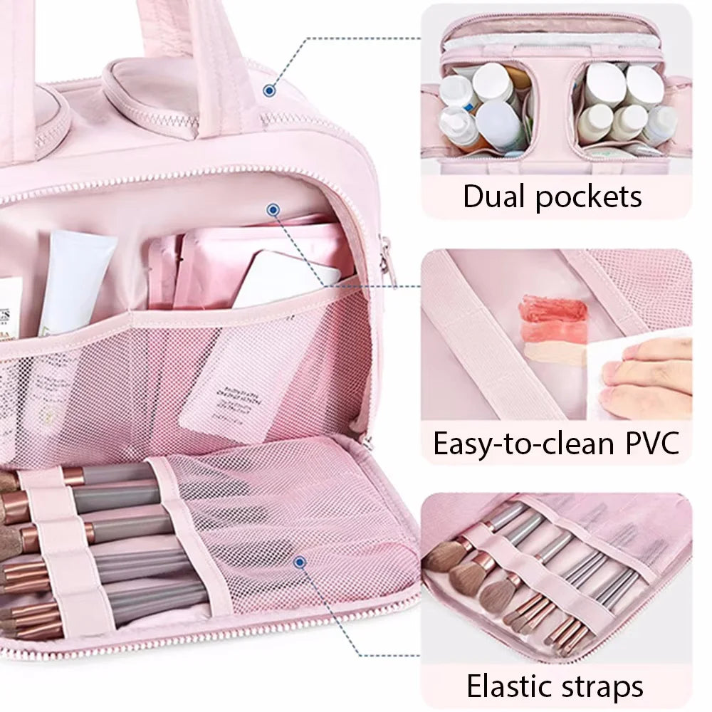 Bolsa impermeable de tocador rosa con múltiples bolsillos, PVC fácil de limpiar y correas elásticas.
