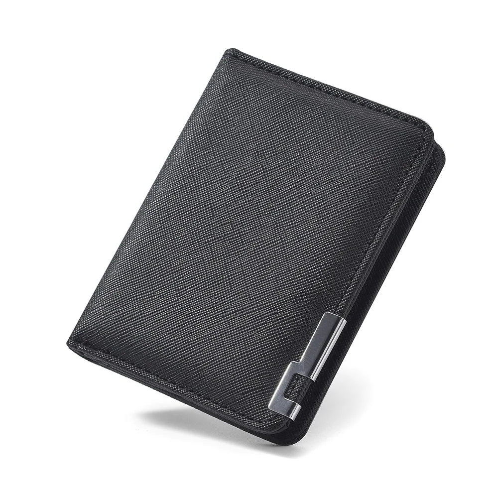 Black slim vertical men's card wallet with a silver closure.