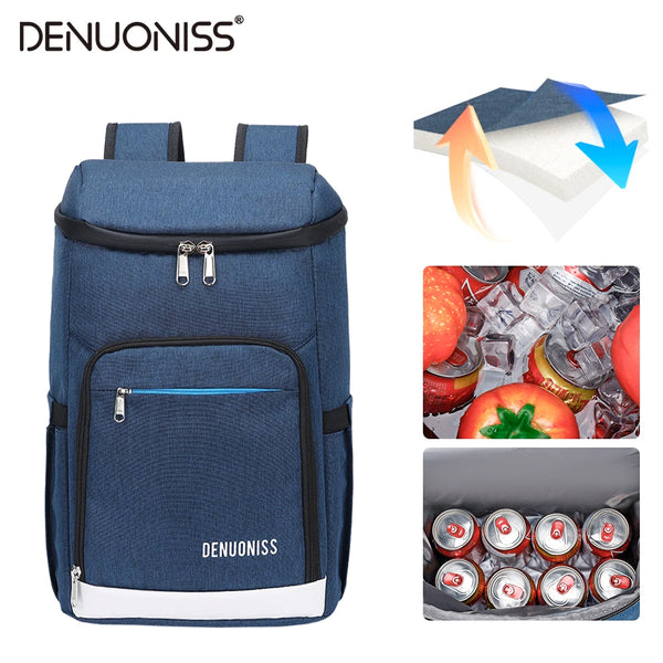 A dark blue Denuoniss insulated thermal cooler backpack with a zippered pocket and white trim.