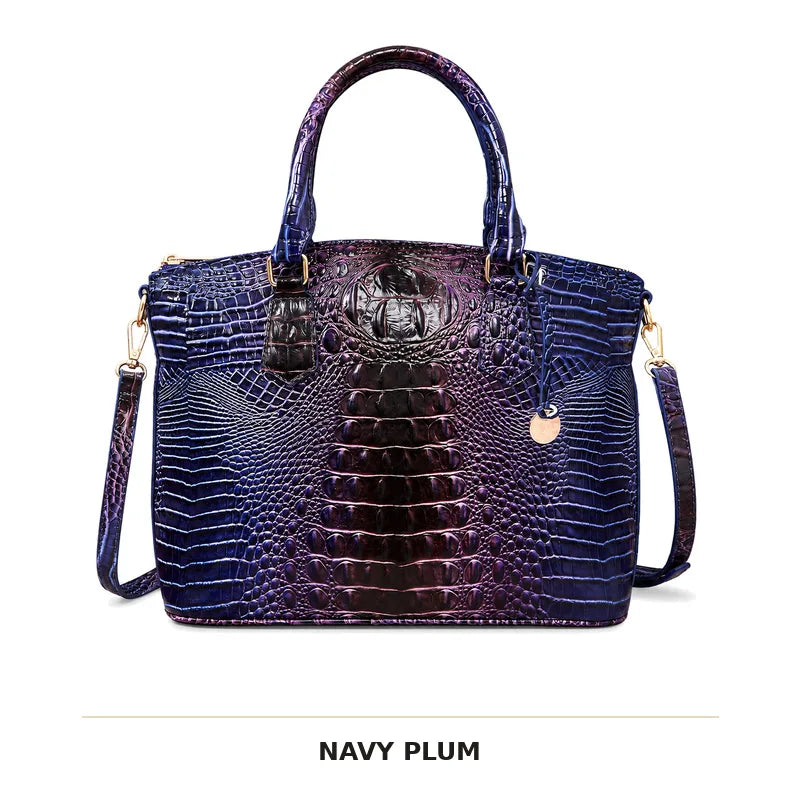 Dunkelblaue Pflaumen-Krokodilmuster-Oberteil mit Trageriemen-Crossbody-Tasche.