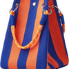 Orange and blue striped knit bucket tote bag with a drawstring closure