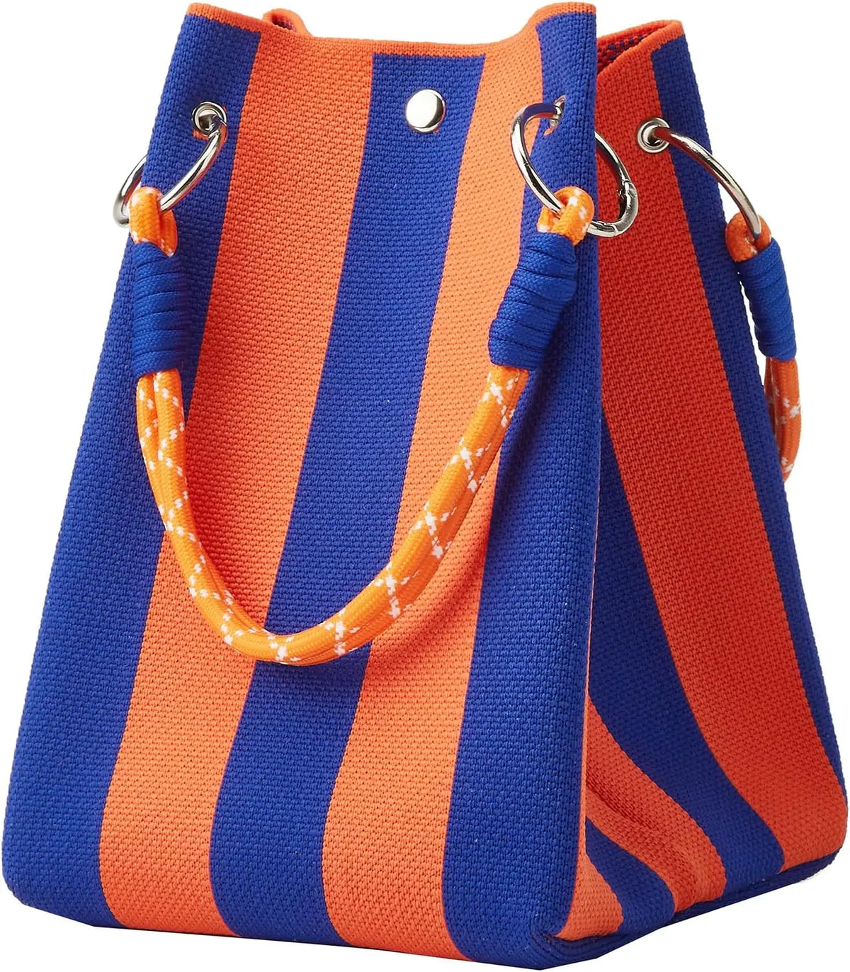 Orange and blue striped knit bucket tote bag with a drawstring closure