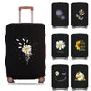 A black suitcase with a decorative floral design on the cover, shown from the front.