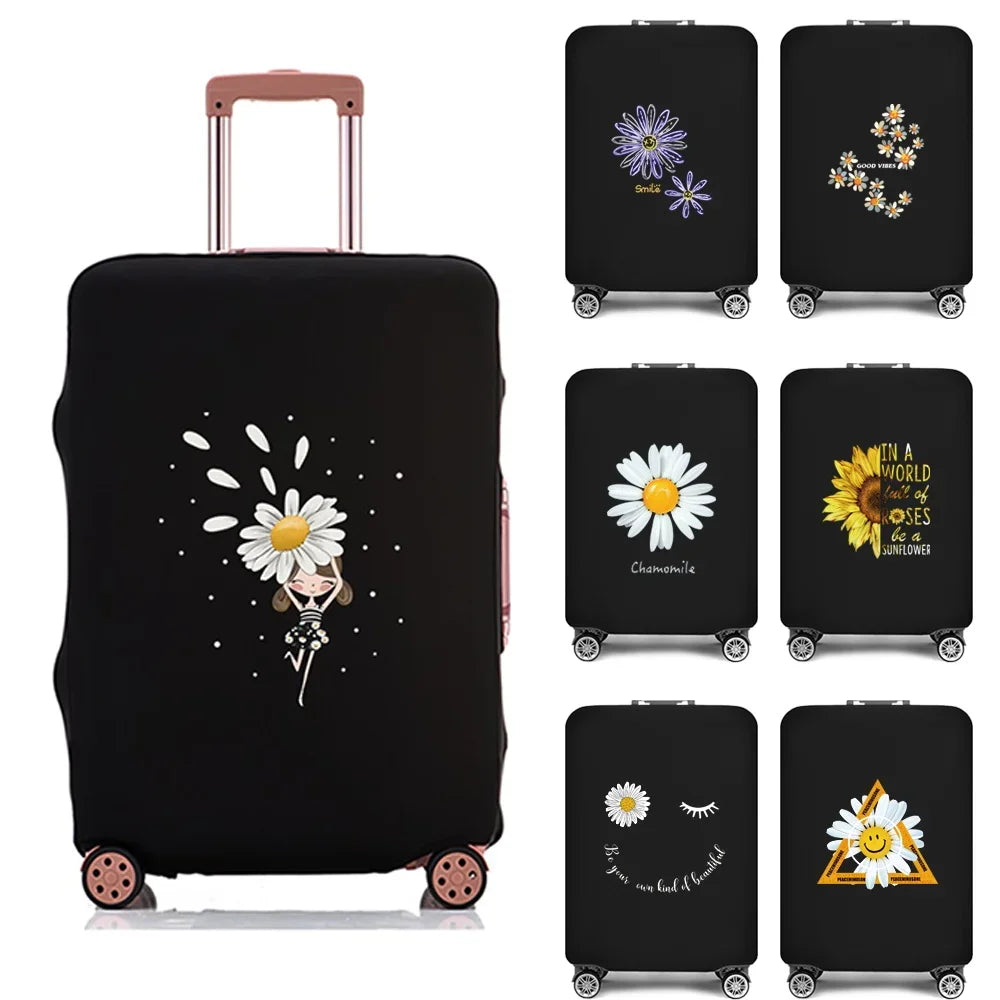 A black suitcase with a decorative floral design on the cover, shown from the front.