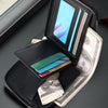 A black embossed PU leather slim wallet is shown open, displaying various credit cards and cash inside.