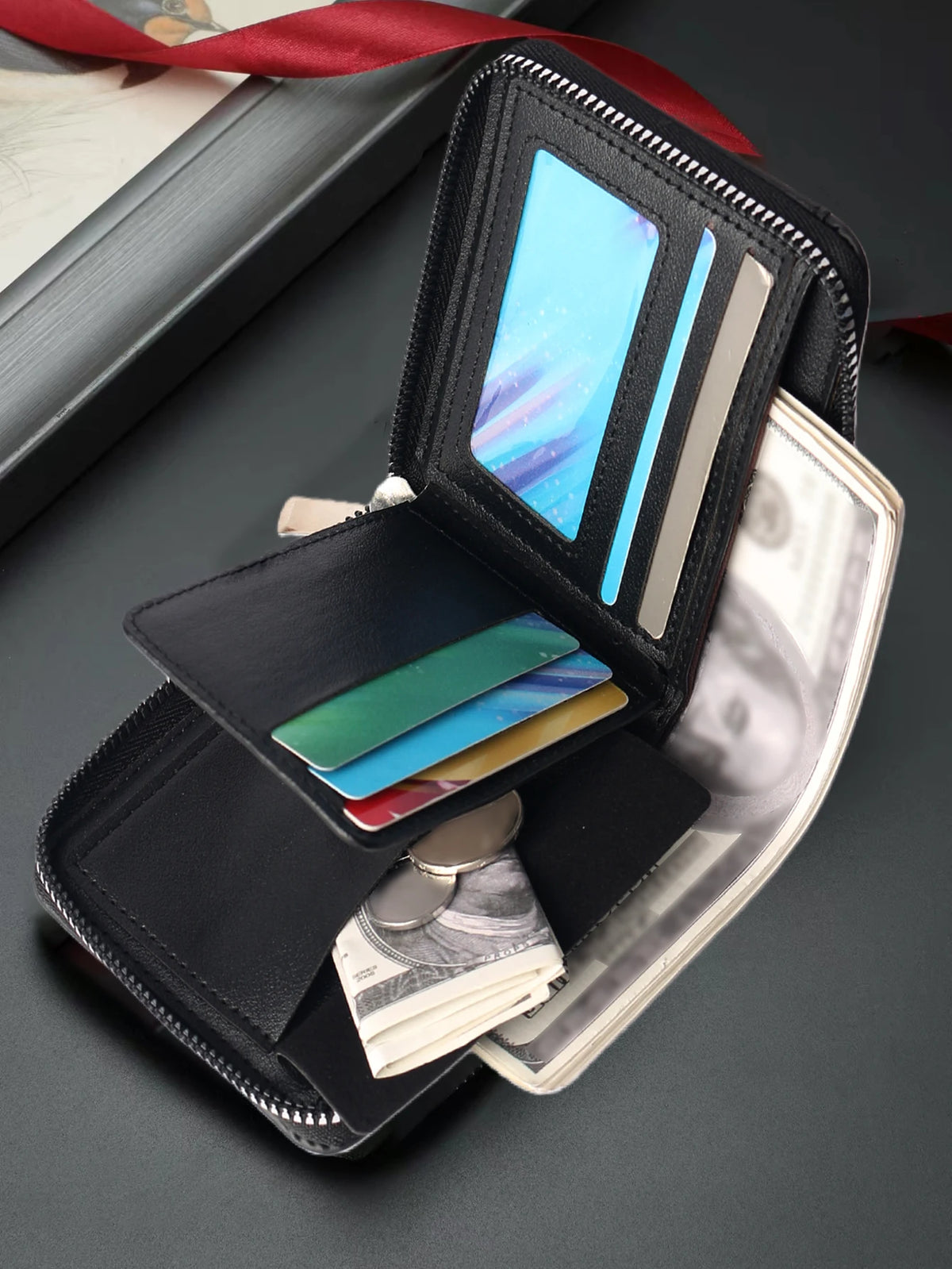 A black embossed PU leather slim wallet is shown open, displaying various credit cards and cash inside.