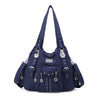 Navy blue vintage PU leather hobo shoulder bag with silver hardware and chain details