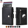 Black carbon fiber RFID-blocking wallet with a zippered compartment and an Airtag slot