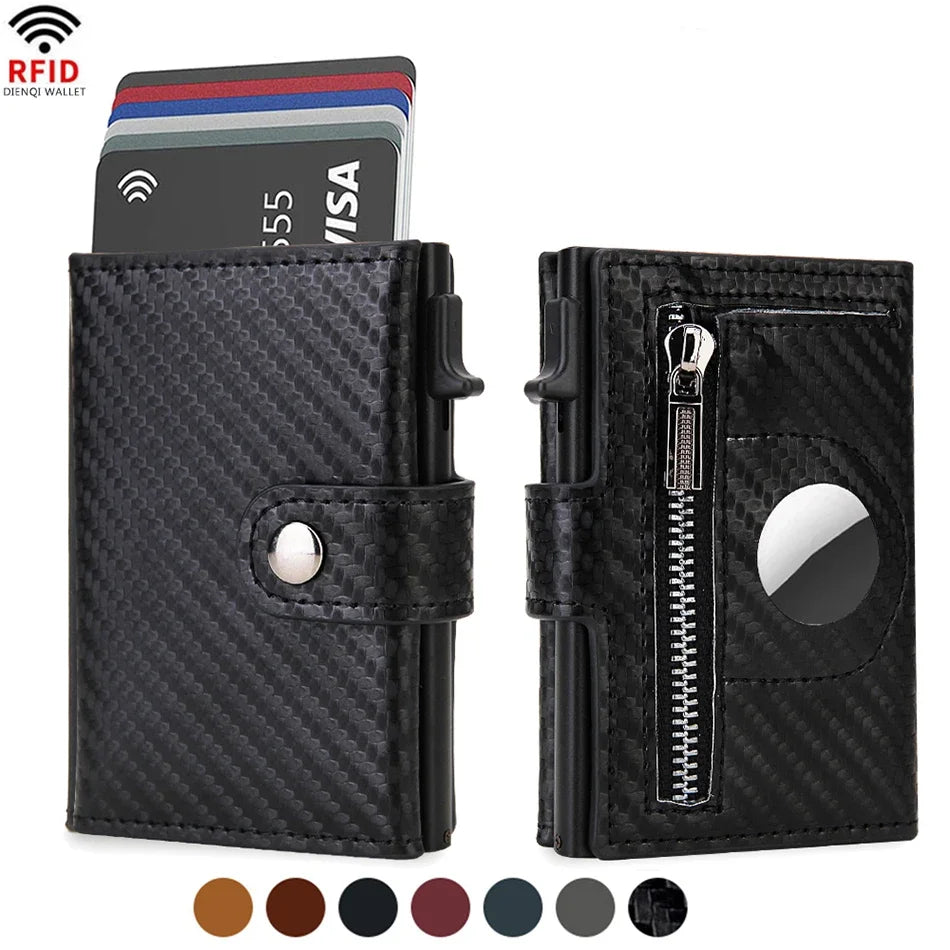 Black carbon fiber RFID-blocking wallet with a zippered compartment and an Airtag slot