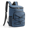 A dark blue insulated lunch backpack with a black strap and zippered compartments.