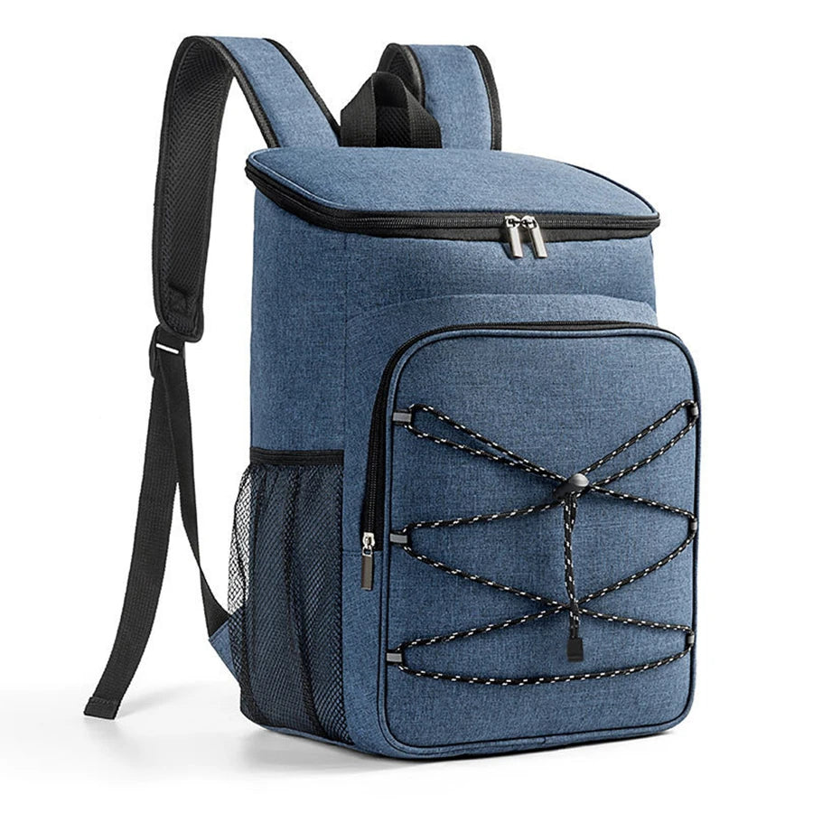 A dark blue insulated lunch backpack with a black strap and zippered compartments.