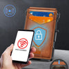 A brown leather wallet is shown next to a smartphone, illustrating RFID blocking technology for cards.
