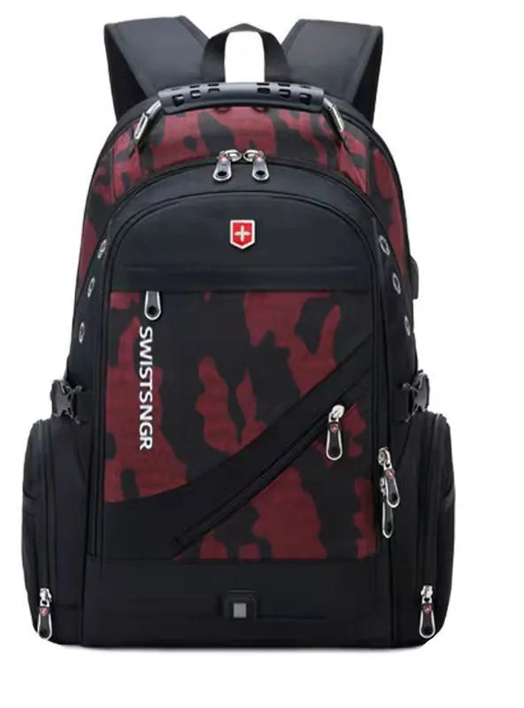 Mochila de viaje grande para hombre con camuflaje negro y rojo, marca Swiss