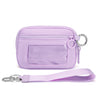 A light purple multi-functional zipper wallet with a clear window and a matching strap.