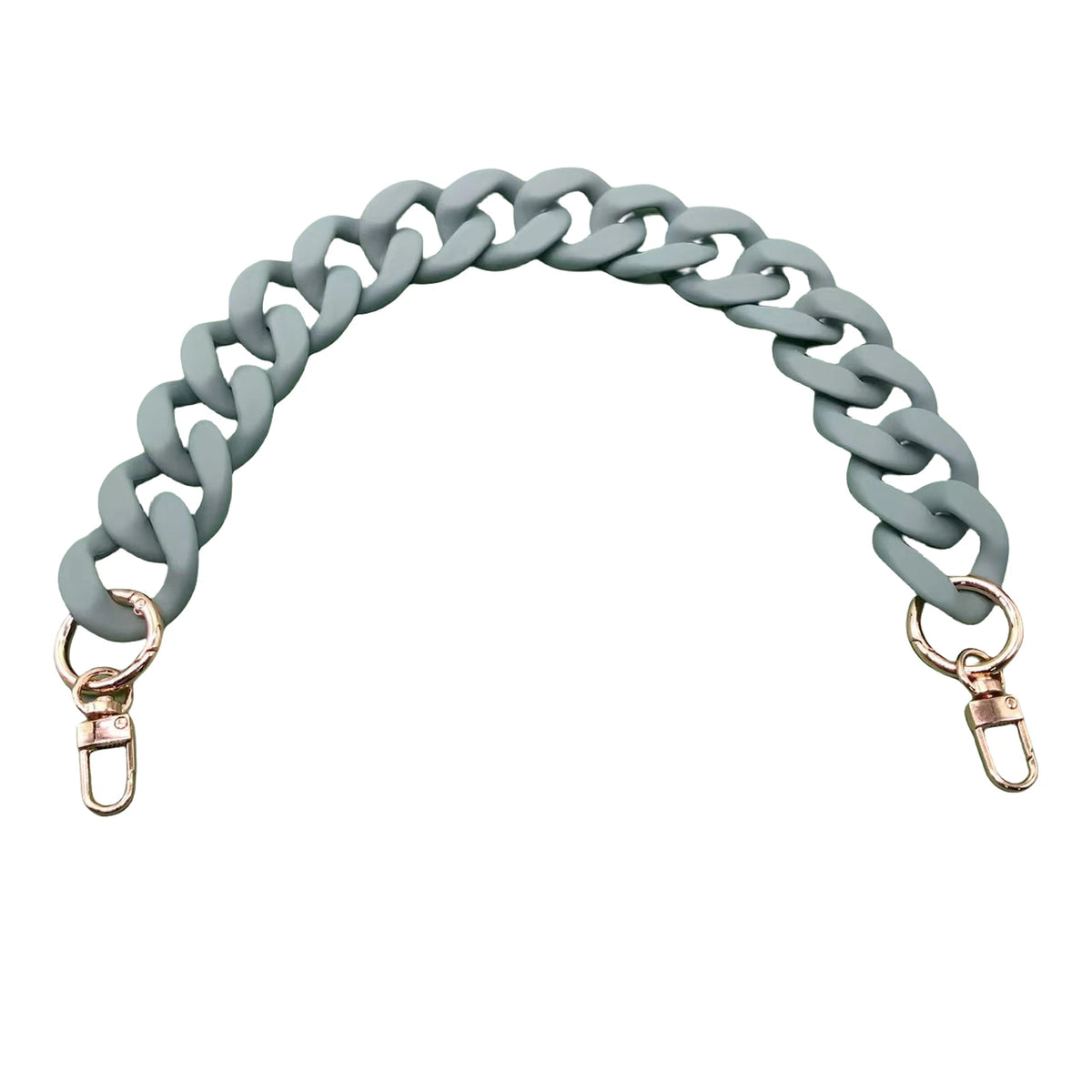 A curved, chunky, light gray acrylic chain shoulder strap for a handbag.