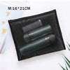 Black mesh storage pouch holding two dark cosmetic tubes, measuring 16x21cm.