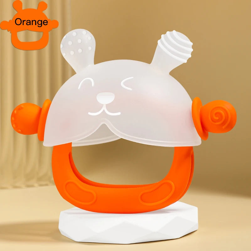 Orange hand sucking teether shaped like a cute white bunny for baby teethers