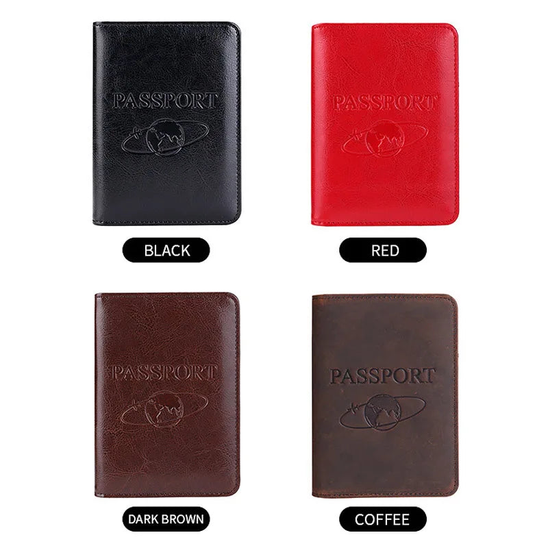 Four genuine leather passport holders in black, red, dark brown, and coffee colors.