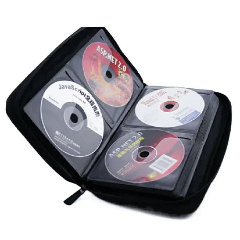 Black storage wallet case containing multiple discs labeled ASP.NET 2.0 and JavaScript.