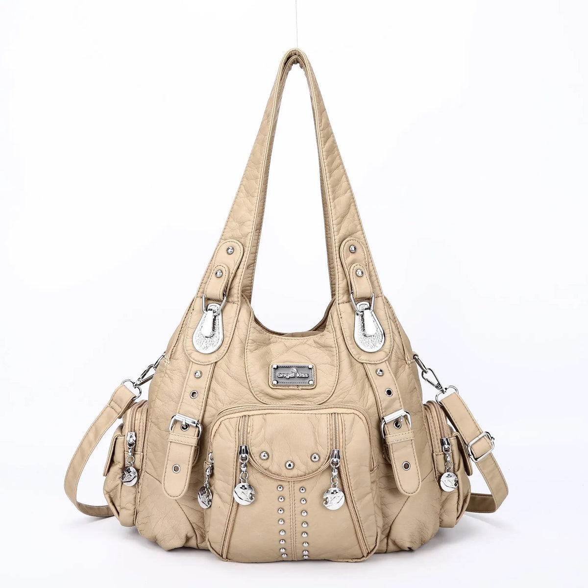 A beige vintage PU leather hobo shoulder bag with silver hardware and a long strap.