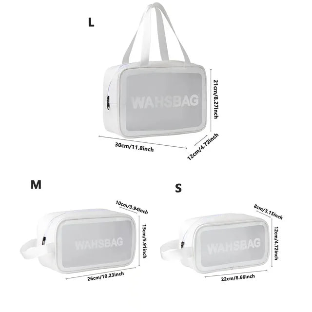 Three sizes of clear waterproof travel toiletry bags labeled L, M, and S shown individually.