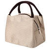 A beige striped insulated lunch tote bag with a dark brown adjustable shoulder strap.