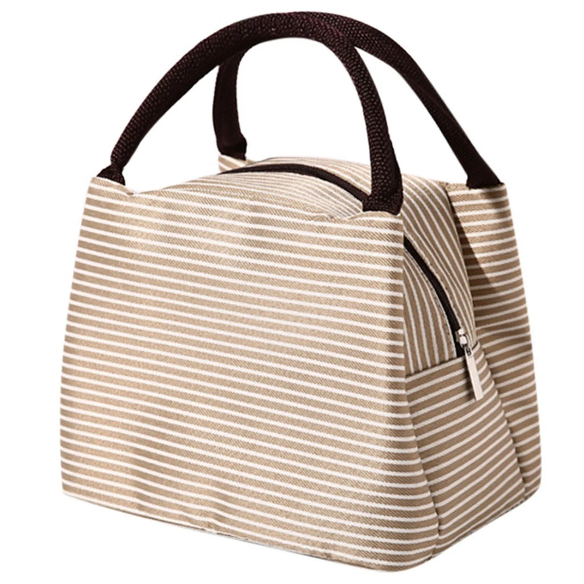 A beige striped insulated lunch tote bag with a dark brown adjustable shoulder strap.