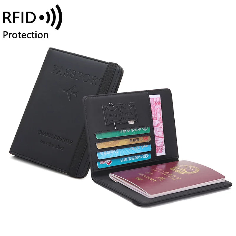 Black RFID protection passport holder with slots for travel documents and cards