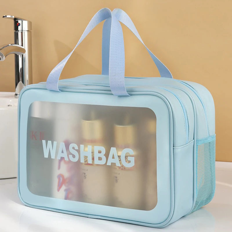 Light blue plastic washbag with a clear window and light blue straps