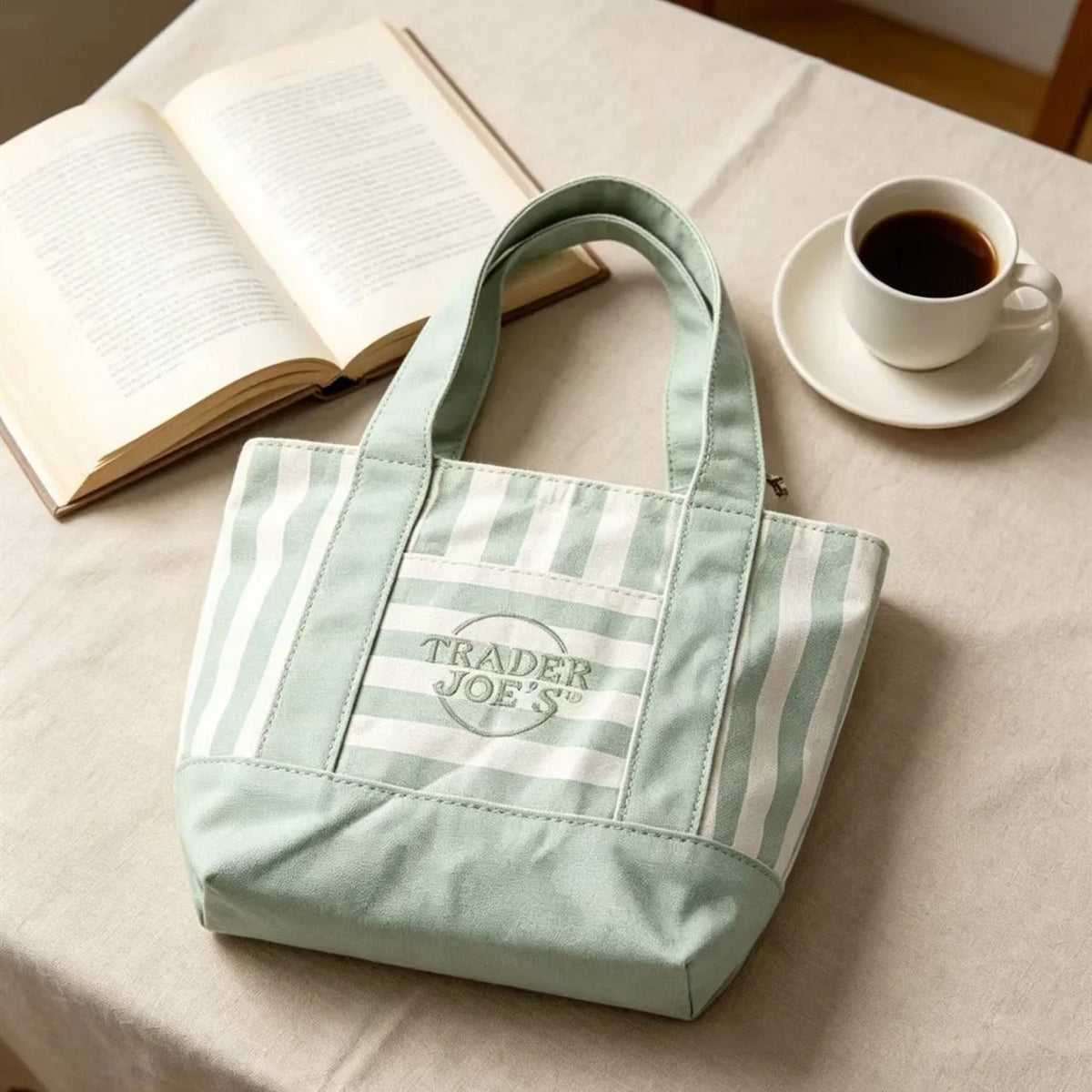 Una bolsa de tela tipo tote a rayas verde claro y blanco sobre una mesa junto a un libro abierto y una taza de café.