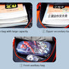 Three views of a fashion kids backpack featuring a main bag, zipper secondary bag, and front auxiliary bag.
