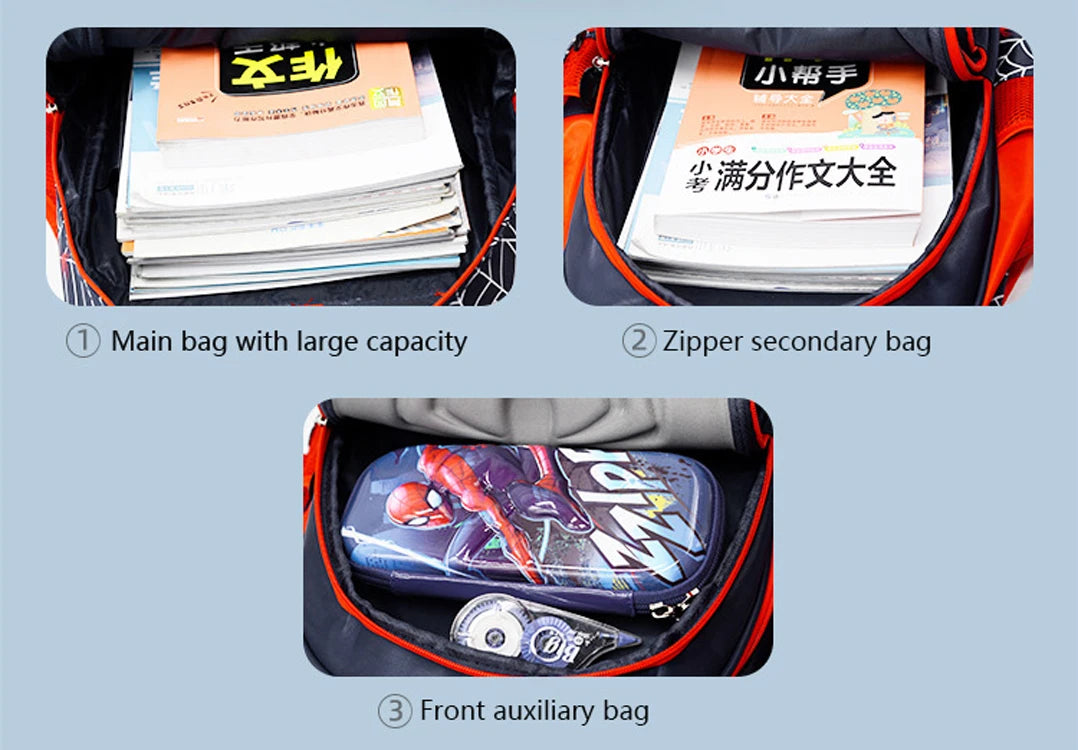Three views of a fashion kids backpack featuring a main bag, zipper secondary bag, and front auxiliary bag.
