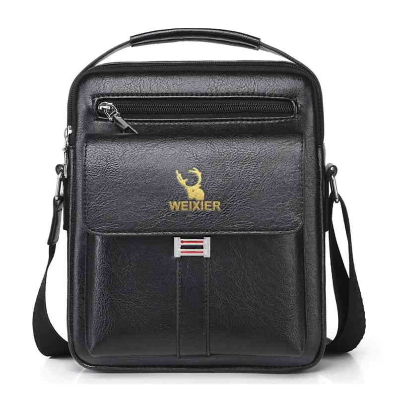 Black vintage PU leather crossbody messenger bag with a top handle and adjustable strap.