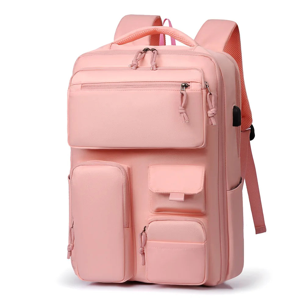 A pink unisex large capacity travel backpack with multiple compartments and straps.