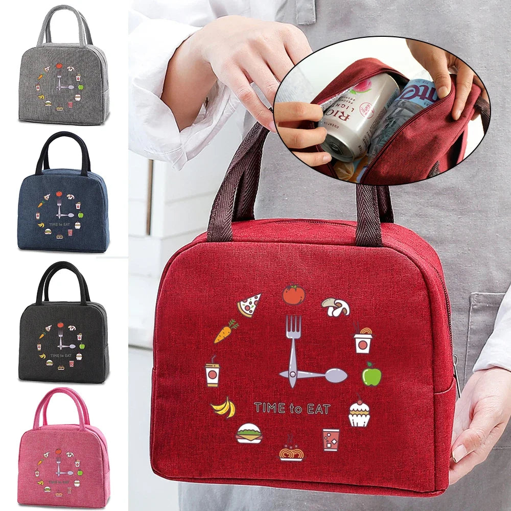 A red insulated canvas lunch bag featuring various food icons and a clock design.