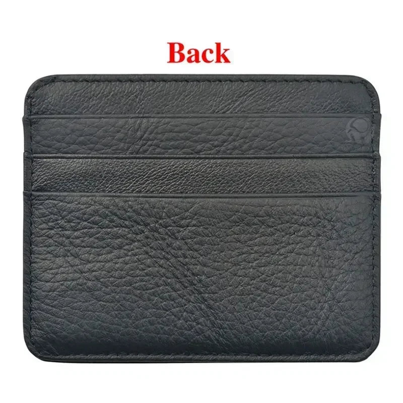 Black genuine leather slim card holder wallet shown from the back view